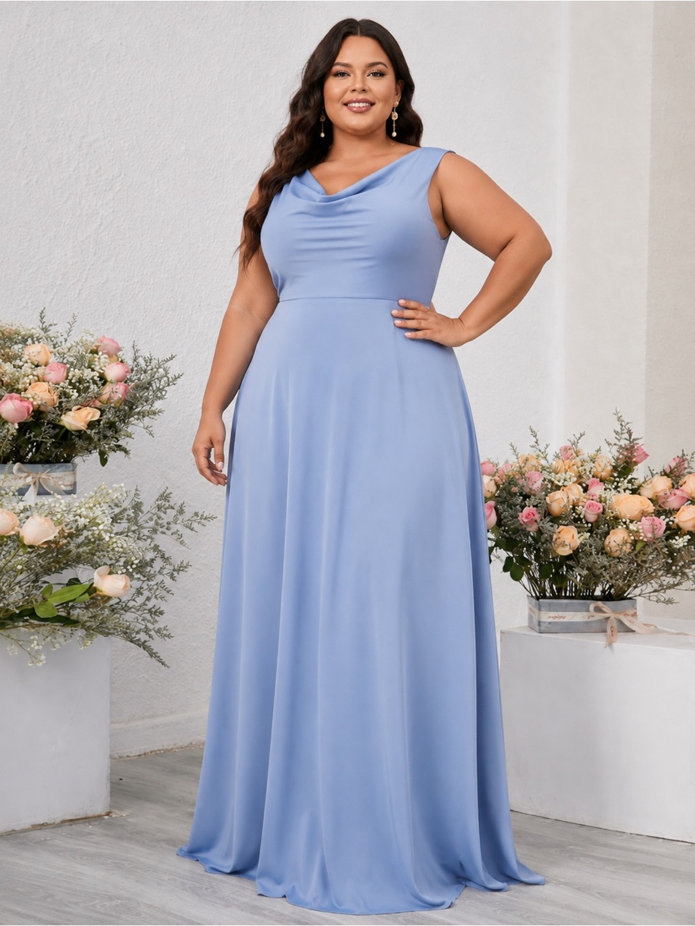 Elegant Light Blue Sleeveless Cowl Neck Maxi Dress Size 4xl BNWT